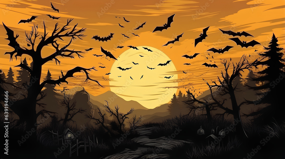 A Halloween background sets a spooky scene with shadows of bats and the glow of a full moon