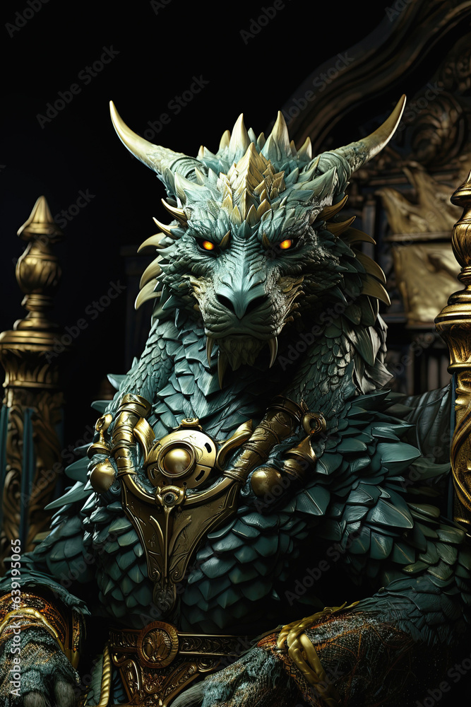 green dragon king on golden throne in the castle, Greeting card for the new year 2024