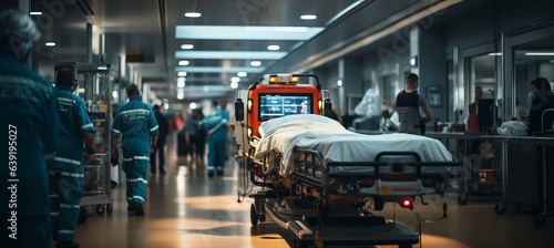 hurrying a patient on a stretcher along the hospital hallway,.