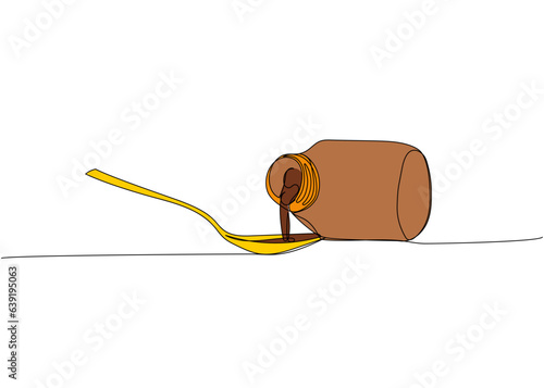 Liquid medicine bottle poured into a spoon, suspension one line color art. Continuous line drawing of treatment, medication, pharmaceutical, medical, pharmacy, medicine, therapy