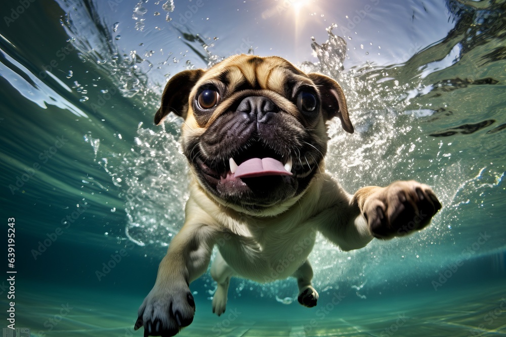 Pug is swimming underwater. Beautiful illustration picture. Generative AI