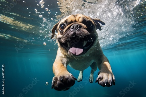 Pug is swimming underwater. Beautiful illustration picture. Generative AI