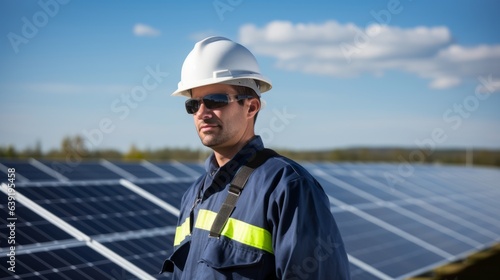 Renewable energy. Technician and solar panels. Beautiful illustration picture. Generative AI