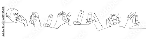 Asthmatics set. Inhaler, salbutamol, Asthma inhaler, medical supplies, equipment one line art. Continuous line drawing of medication, clinical, disposable, tool, inhalation, lung treatment