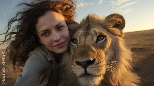 Selfie of woman and lion. Beautiful illustration picture. Generative AI