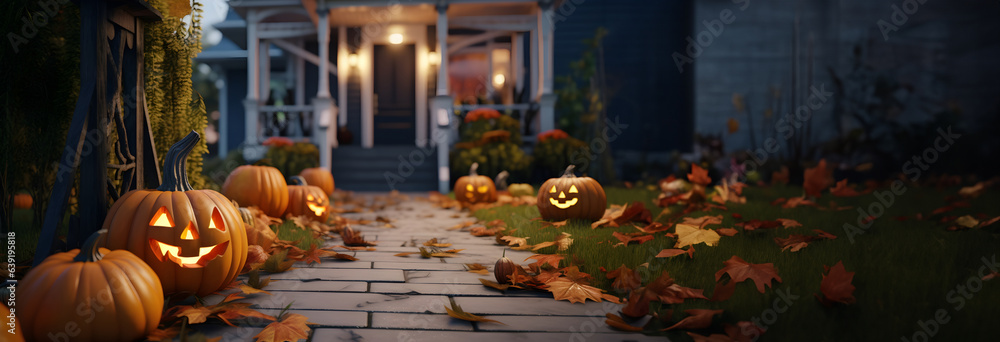 Halloween Pumpkins near house. Halloween Background banner. AI generated.
