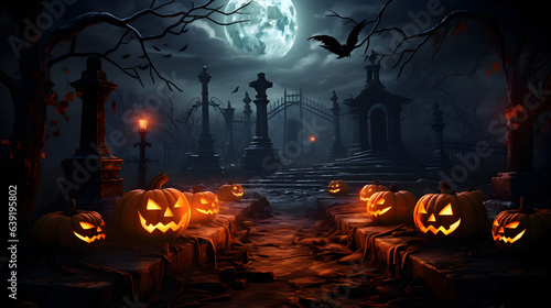 Halloween Pumpkins on cemetery. Halloween Background At Night Forest with Moon. AI generated.