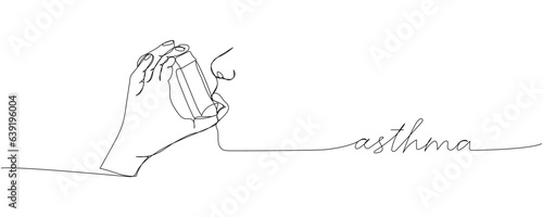 Asthma, Using inhalers to treat asthma, salbutamol, Asthma inhaler, medical supplies one line art. Continuous line drawing inhalation, lung treatment with inscription, lettering, handwritten.