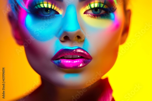 Colorful makeup. Stunning fashionable woman in fluorescent neon colors studio light