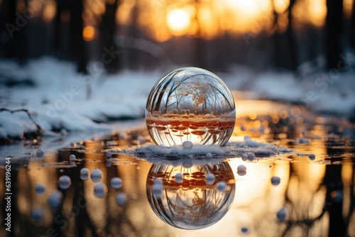 A glass ball capturing a winter scene  revealing a forest view through its transparent surface  encapsulating the essence of a Christmas winter. Photorealistic illustration  Generative AI
