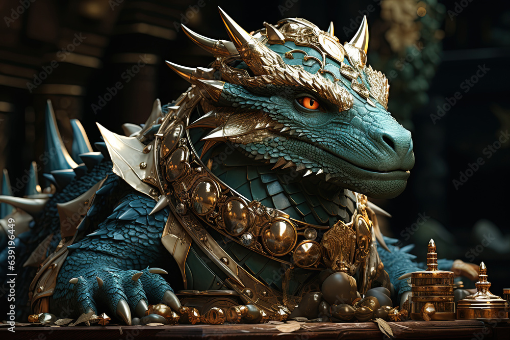 Fototapeta premium green dragon is king in gold and jewels in castle. Greeting card for the new year 2024