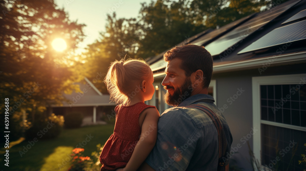Rear view of dad holding her little girl in arms and showing at their house with installed solar panels. Alternative energy, s Generative AIaving resources and sustainable lifestyle concept Rear view of dad holding her little girl in arms and showing at their house with installed solar panels. Alternative energy, s Generative AIaving resources and sustainable lifestyle concept