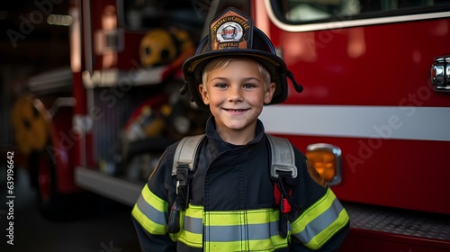 A smiling boy in a firefighter's suit, a future lifeguard.