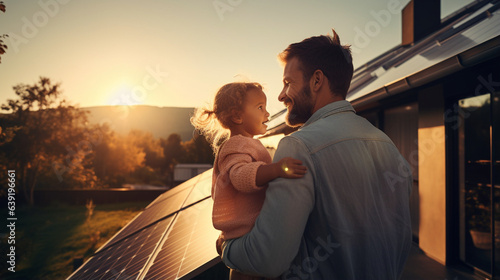 Rear view of dad holding her little girl in arms and showing at their house with installed solar panels. Alternative energy, s Generative AIaving resources and sustainable lifestyle concept