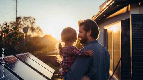Rear view of dad holding her little girl in arms and showing at their house with installed solar panels. Alternative energy, s Generative AIaving resources and sustainable lifestyle concept