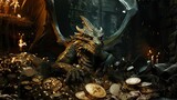evil green dragon guard on pile of gold coins and treasures in a cave. Greeting card for Chinese New Year 2024