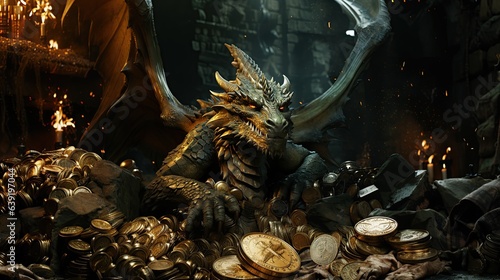 evil green dragon guard on pile of gold coins and treasures in a cave. Greeting card for Chinese New Year 2024