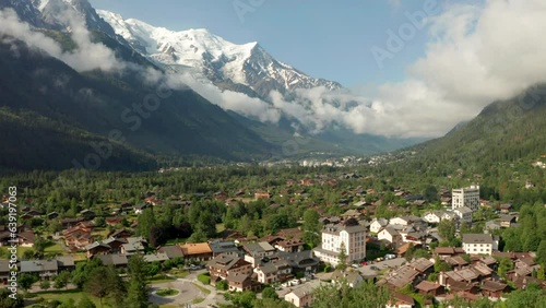 Low aerial slider shot of Chamonix town France