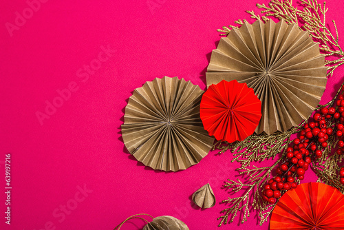 Lunar Chinese New Year concept. Oriental asian style paper fans  traditional decor  minimal concept