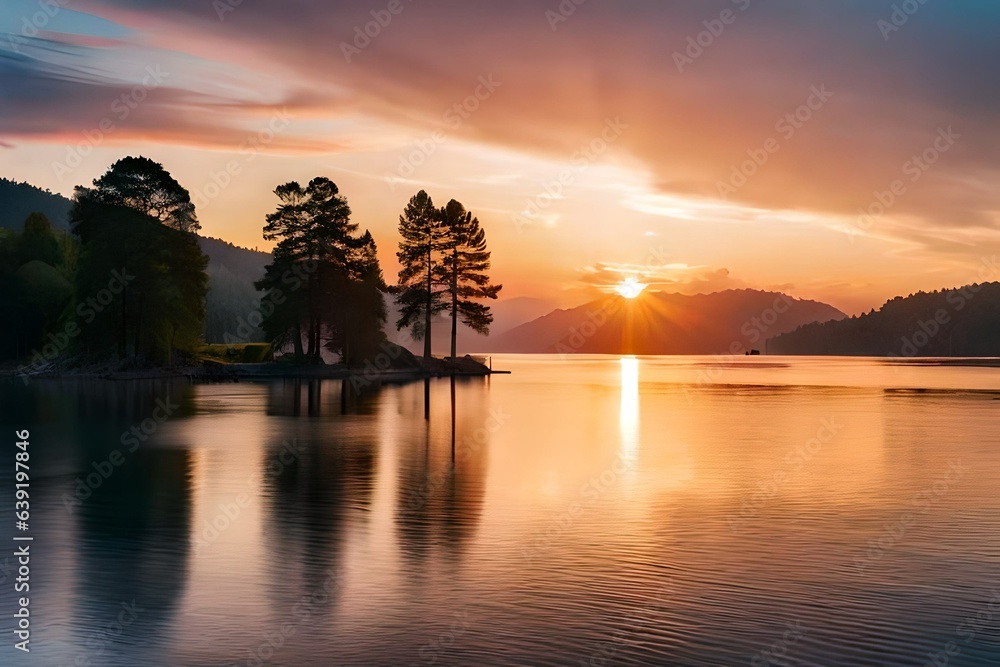  a serene lakeside sunset with vibrant hues of orange and pink reflecting off the calm waters 