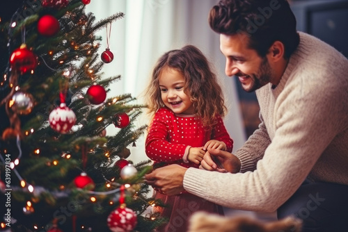 Father and daughter decorating the Christmas tree at home