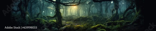 Silhouettes of trees in a dark night forest with a blue and green of fog.