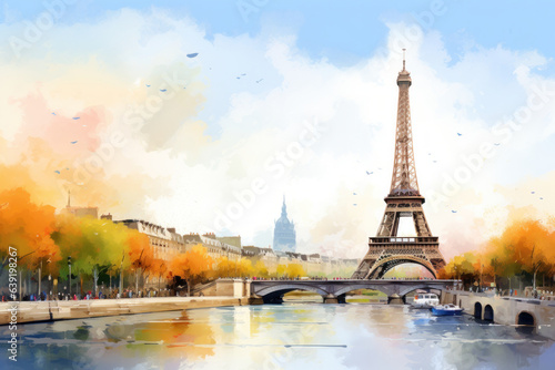 Experience the timeless allure of Paris with a stunning watercolor depiction. Iconic Eiffel Tower, charming streets, and Seine's beauty come alive, inviting you to a French adventure. © Ai Studio