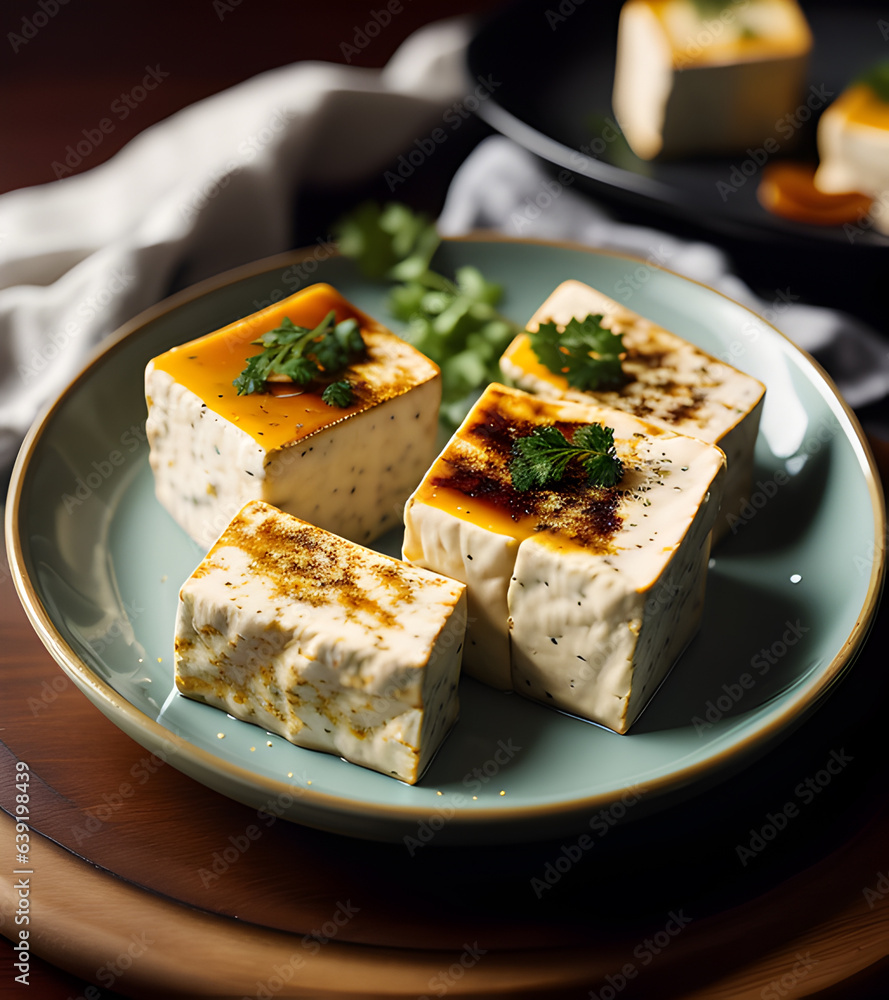 Grilled sliced tofu cheese served with turmeric and smoked paprika on plate. Healthy vegetarian food. Grilled sliced tofu cheese served with turmeric and smoked paprika on plate. Healthy vegetarian food.