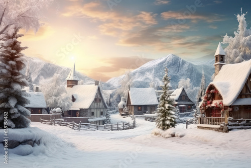 Vintage Christmas village blanketed in snow, picturesque winter scene. Festive holiday card. © Ai Studio