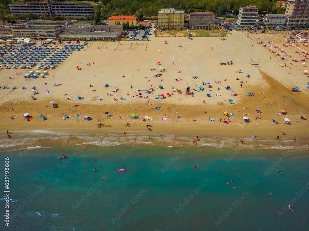 Summer resort in Italy. Top view of sandy beach. Italy, Rimini 