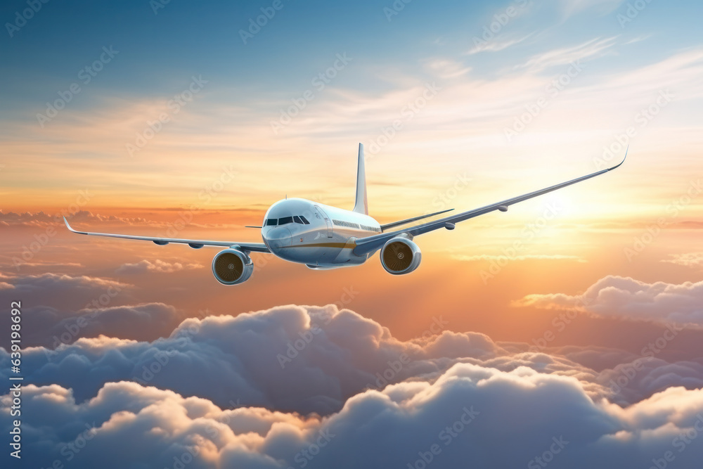 Passenger plane soars through sunset-lit clouds, symbolizing swift travel, leisure, and business..