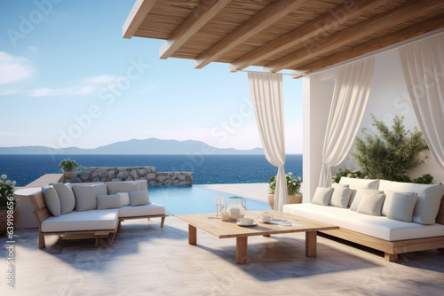 A minimalist Greek seaside resort. Covered and open space with relaxation furniture  cushions  and blankets..