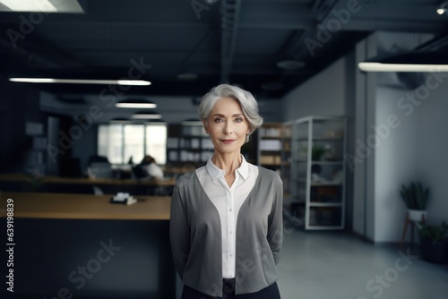 Confident Adult Woman Office Manager Standing in the Empty Office Room. Generative AI.