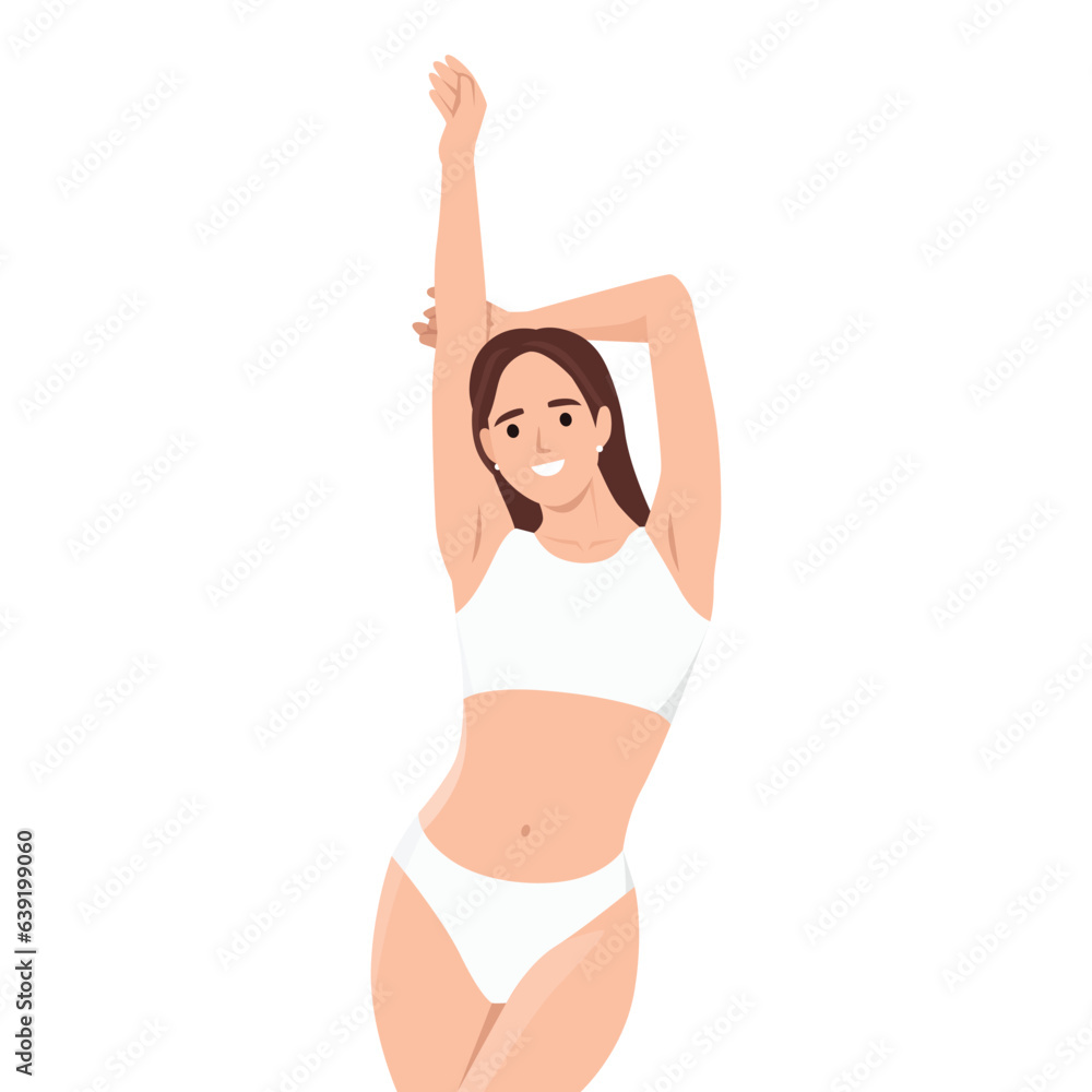 Perfect body. Fit young woman standing with hands raised up, showing her ideal curves, posing in white lingerie. Flat vector illustration isolated on white background Perfect body. Fit young woman standing with hands raised up, showing her ideal curves, posing in white lingerie. Flat vector illustration isolated on white background
