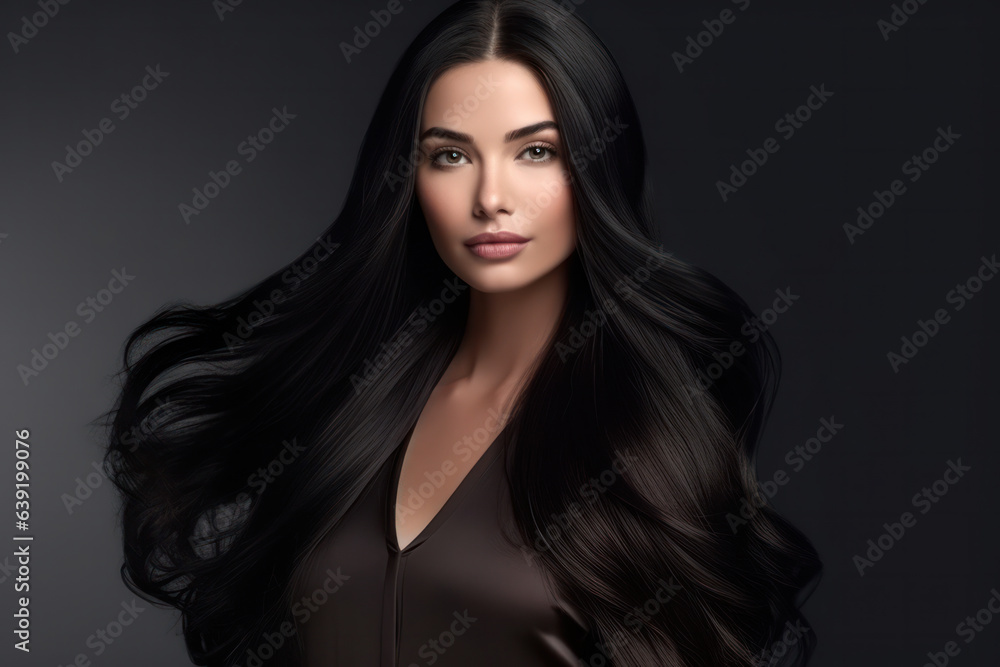 Young European woman with healthy long black hair. Shiny wavy beautiful hair.