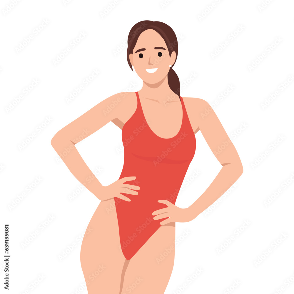 Vector fashion illustration of beautiful fashion model in stylish swimsuits. Flat vector illustration isolated on white background Vector fashion illustration of beautiful fashion model in stylish swimsuits. Flat vector illustration isolated on white background