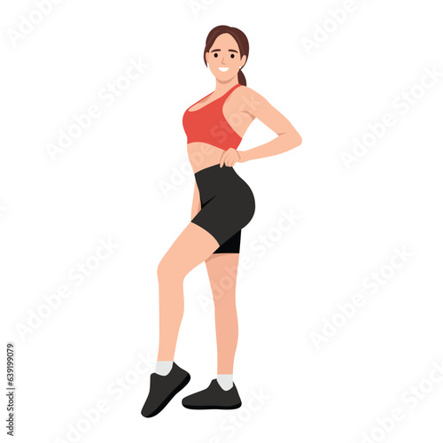 Fit sport beautiful woman in sport suit posing. Flat vector illustration isolated on white background