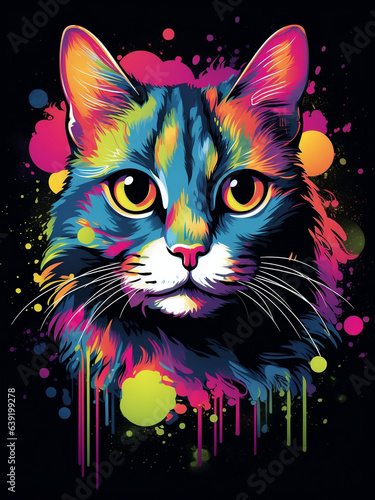Bright t-shirt design featuring a cat, created in a colorful vector style. AI Generated Images