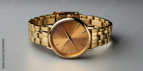 Schöne goldene Armbanduhr mit Gliederarmband und Retro Stil als Produktfotografie, ai generativ 