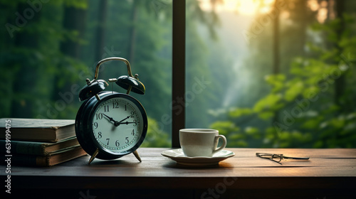 Stunning nature background, Amazing natural scenery, vintage alarm clock, Coffee break