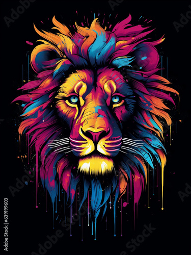 Bright t-shirt design featuring a lion  created in a colorful vector style. AI Generated Images