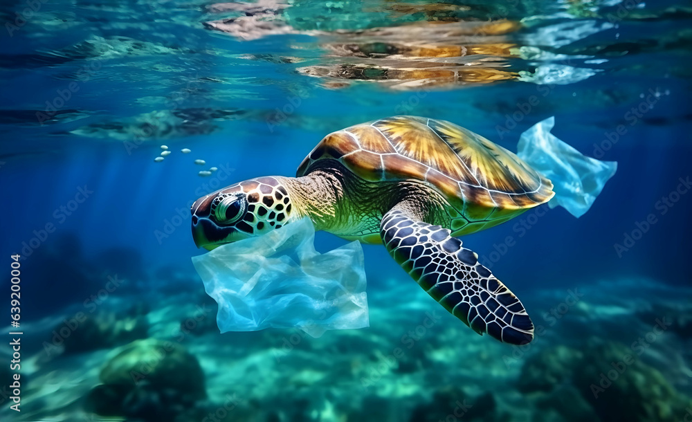 Obraz premium Plastic pollution in ocean environmental problem. Turtles can eat plastic bags mistaking them for jellyfish. AI generated