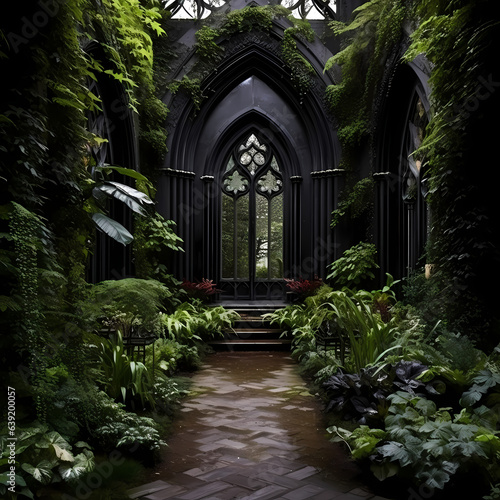 A mysterious garden hidden within the walls of a gothic cathedral. 