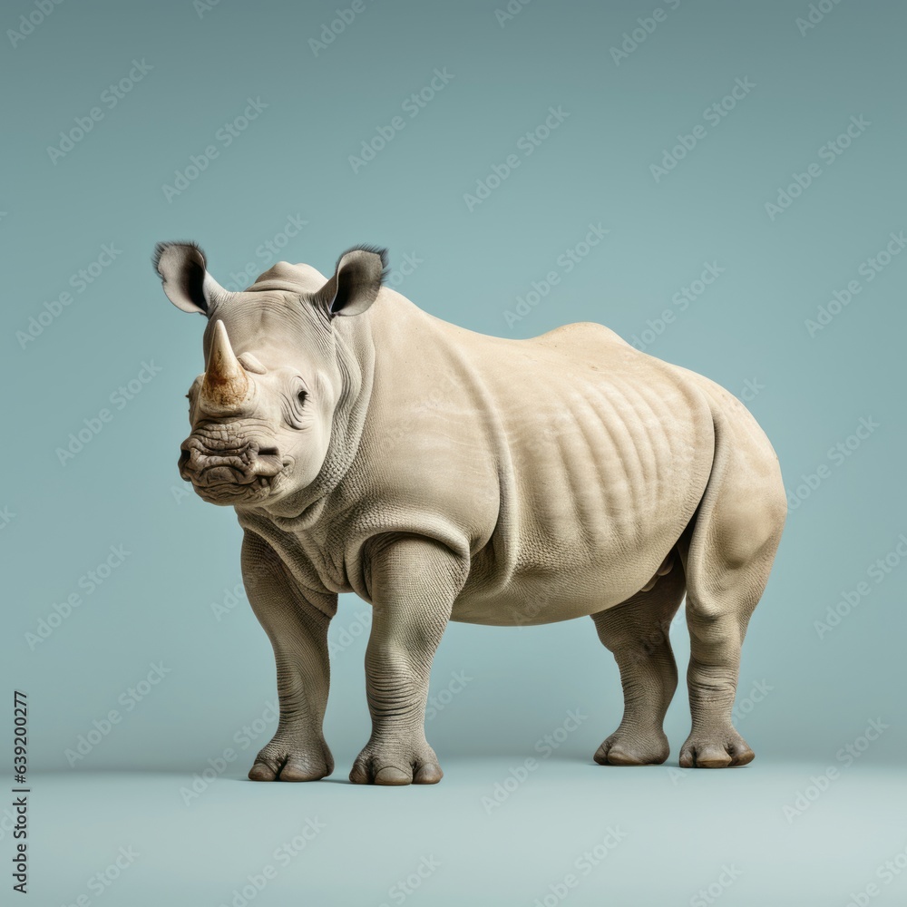 Fototapeta premium A majestic white rhinoceros standing against a vibrant blue backdrop