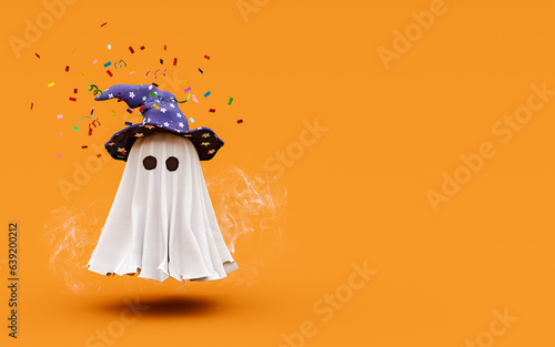 Cute little ghost with party witch hat on orange background with copy space. 3D Rendering, 3D Illustration