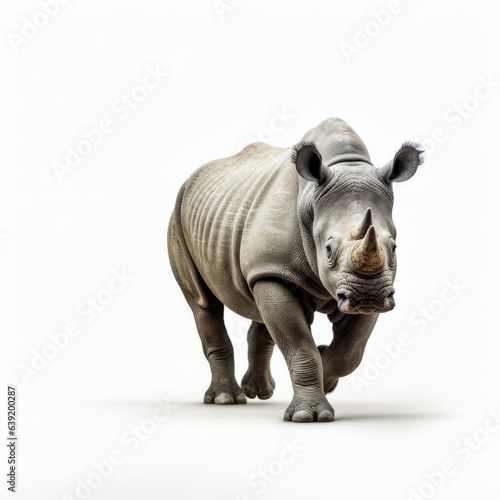 A majestic white rhinoceros standing proudly against a pure white backdrop