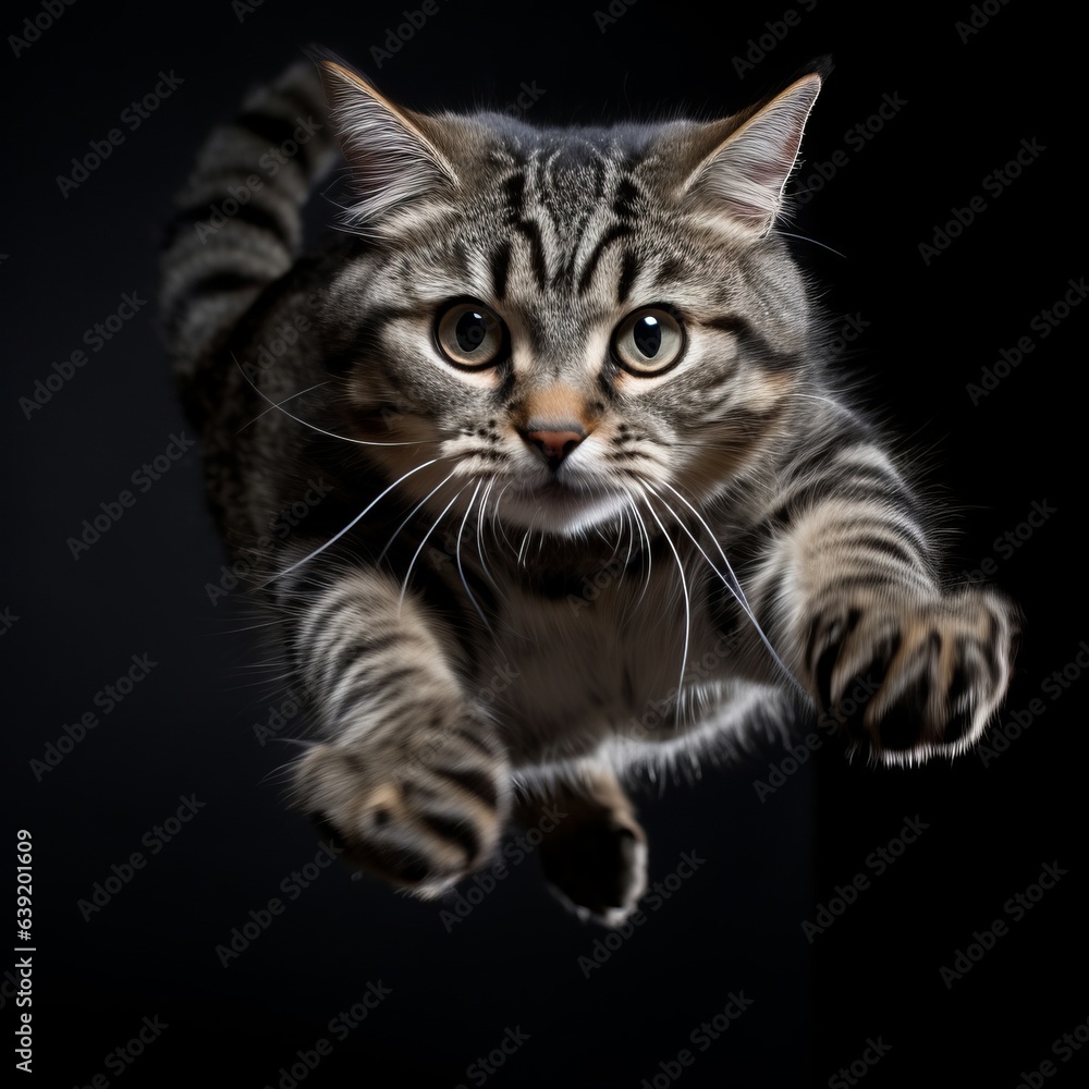 Photo of a playful cat mid-air, captured in a moment of pure joy and agility