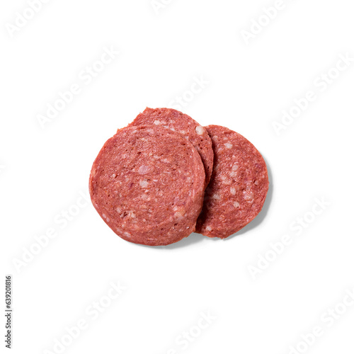 Close up view meat sausage isolated on white background.