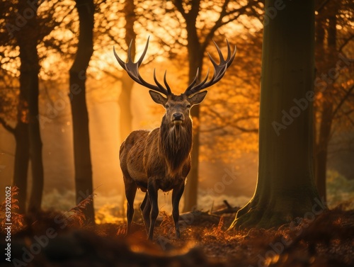 Majestic stag silhouette  antlers prominent against an amber sunset  gracefully navigating the woodland  showcasing autumn s wild beauty.