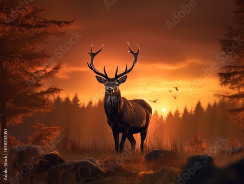Majestic stag silhouette, antlers prominent against an amber sunset, gracefully navigating the woodland, showcasing autumn's wild beauty. © Antonio